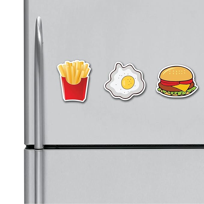 ASHVAH French Fries, Burger, Omelette, HD Quality, Multipurpose Fridge Magnets Combo Gift for Kids, Magnetic Stickers for Refrigerator, Size 4 inches (Pack of 3)
